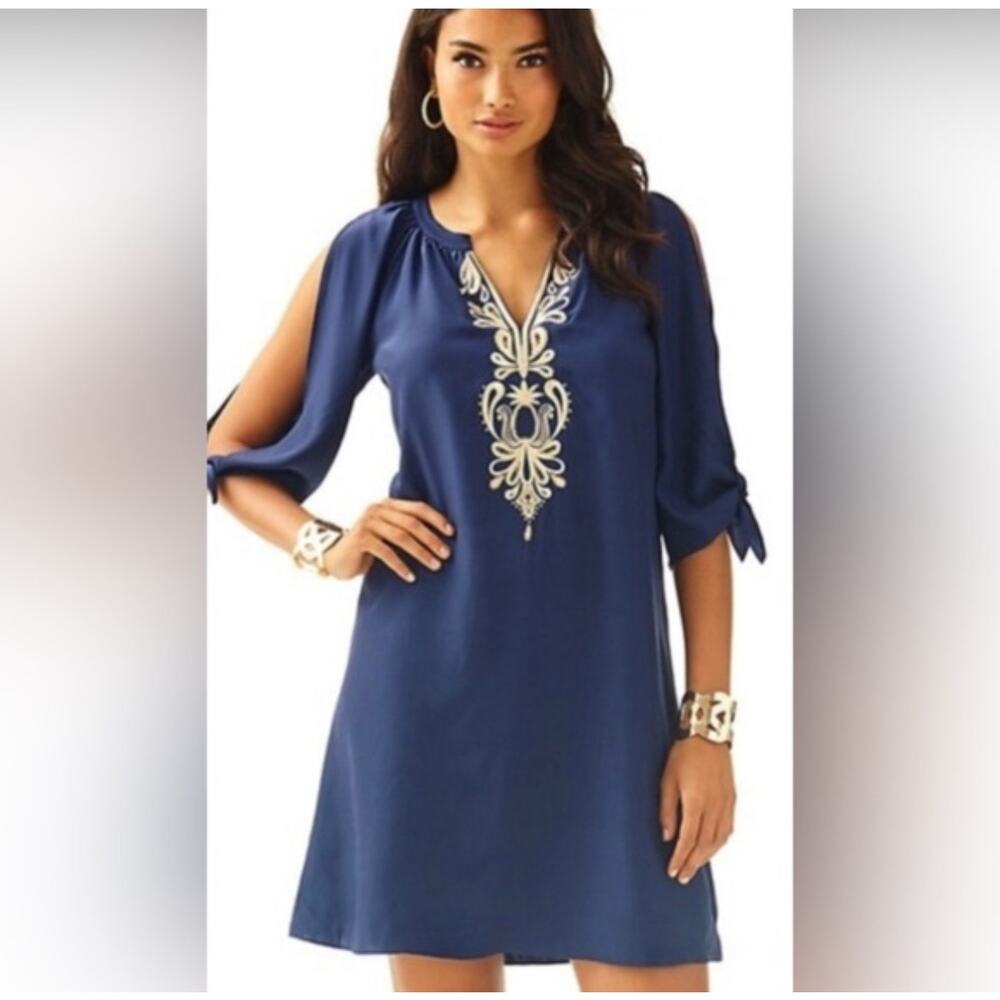 Lilly Pulitzer Bryce Silk Dress Navy with Gold Embroidery M